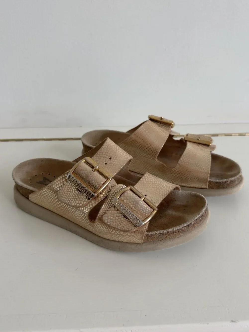 Mephisto Air Relax Metallic Gold Leather Slide Sandals Size 35